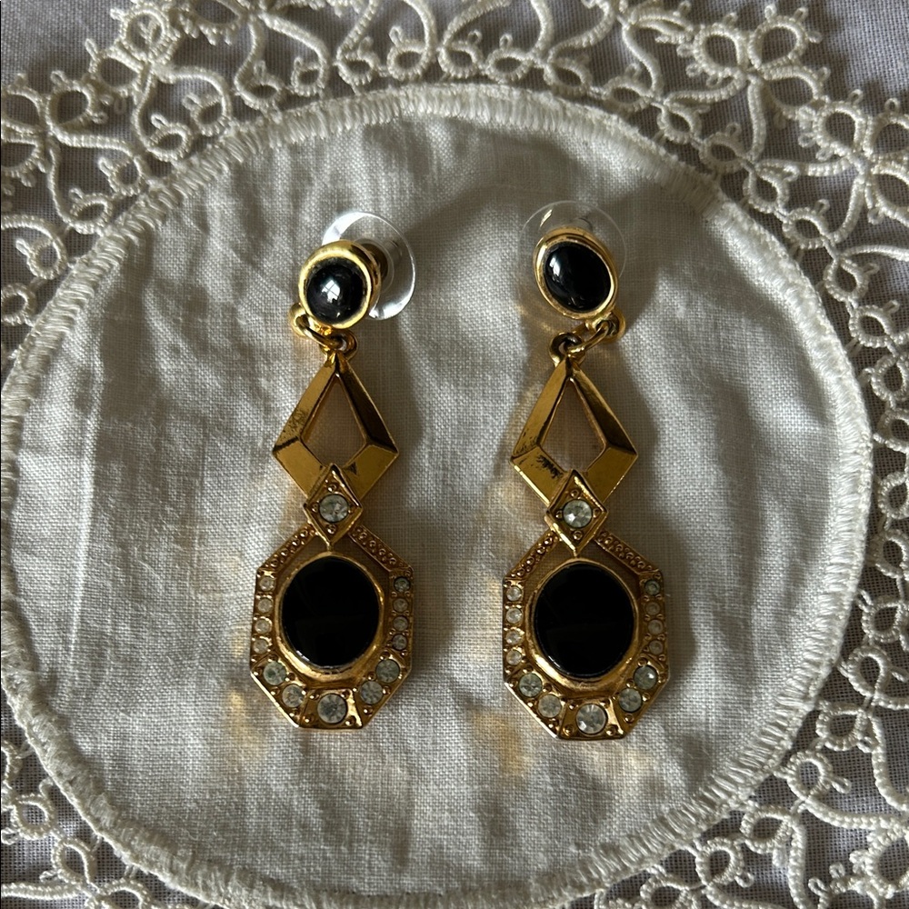 Vintage Avon Gold-Tone Earrings with Black Centers and Crystal Accents